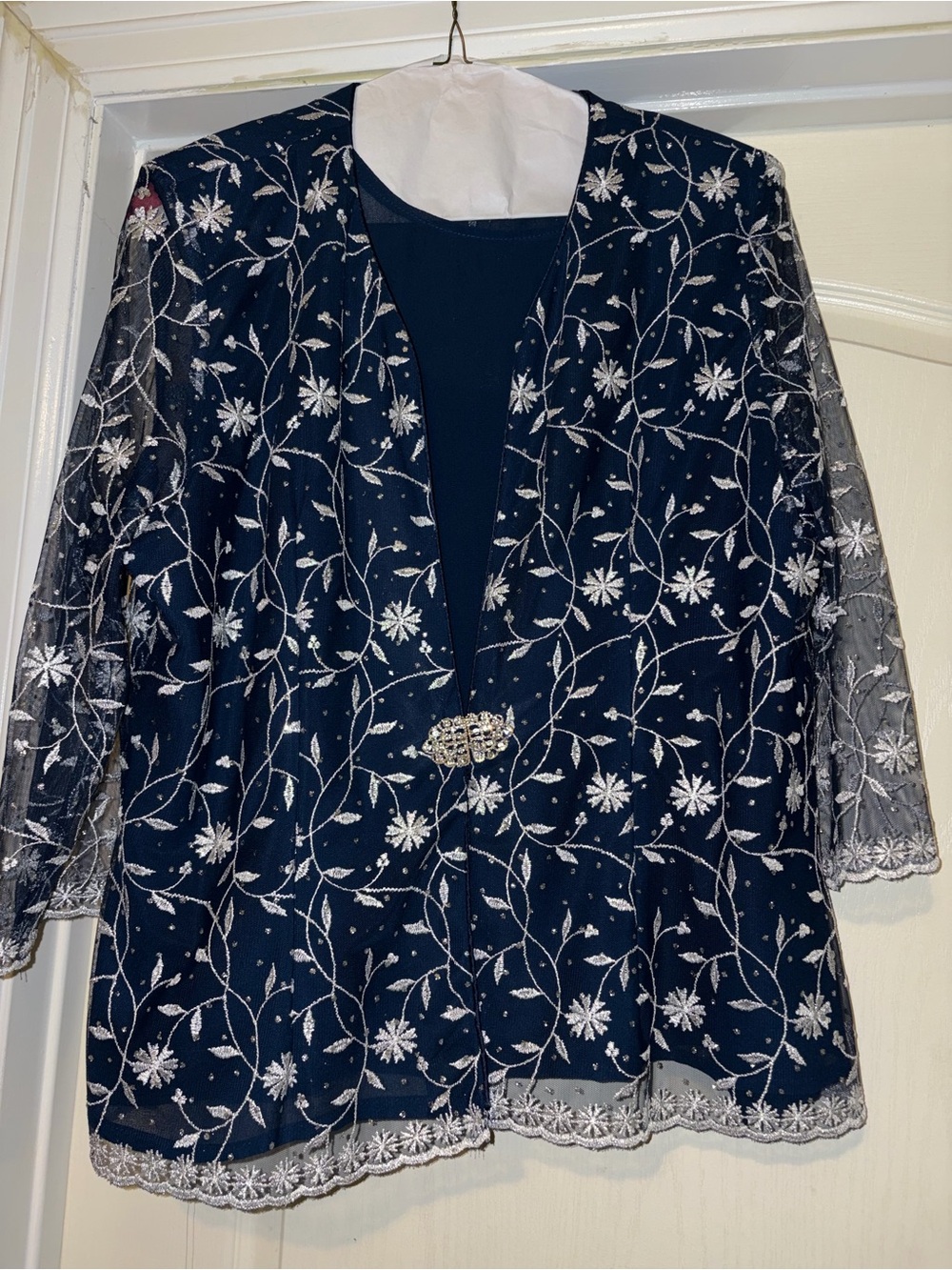 CLARA Navy Blue Embroidered Evening Blazer with Rhinestone Clasp